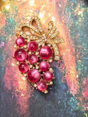 Vintage 3" Grape Cluster Brooch with Pink Moonglow & Rhinestones, AS IS